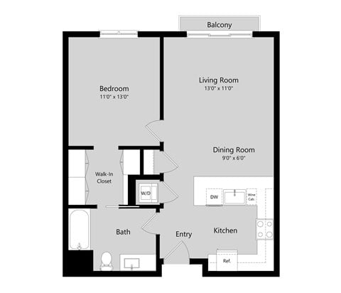 Floor plan for 1 bed, 1 bath, 801 sqft